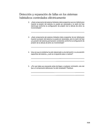 Detección y reparación de fallas en los sistemas
hidráulicos controlados eléctricamente
2. ¿Qué componente del sistema hidráulico debe sospechar que es el defectuoso
cuando la presión del sistema no puede ser alcanzada y la razón de flujo
disminuye conforme la configuración de presión de la válvula de alivio es
incrementada?
3. ¿Qué componente del sistema hidráulico debe sospechar de ser defectuoso
cuando la presión del sistema no puede ser alcanzada, pero la razón de flujo
y la presión del sistema permanecen constantes conforme la configuración de
presiÓn de la válvula de alivio es incrementada?
4. Una vez que el problema ha sido relacionado a una derivación o a una sección
específica del sistema, ¿cuál es el siguiente paso a realizar?
5. ¿Por qué debe ser precavido antes de llegar a cualquier conclUsión,uria vez
que un componente defectuoso ha sido localizado? Explique.
5-23
 