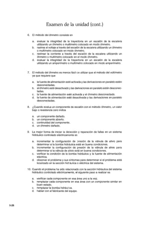 5-26
Examen de la unidad (cant.)
6. El método del óhmetro consiste en
a. evaluar la integridad de la trayectoria en un escalón de la escalera
utilizando un óhmetro o multímetro colocado en modo óhmetro.
b. rastrea el voltaje a través del escalón de la escalera utilizando un óhmetro
o multímetro colocado en modo óhmetro.
c. rastrear la corriente a través del escalón de la escalera utilizando un
óhmetro o multímetro colocado en el modo óhmetro.
d. evaluar la integridad de la trayectoria en un escalón de la escalera
utilizando un amperímetro o multímetro colocado en modo amperímetro.
7. El método del óhmetro es menos fácil ce utilizar que el método del voltímetro
ya que requiere que
a. la fuente de alimentación esté activada y las derivaciones en paralelo estén
desconectadas.
b. el óhmetro esté desactivado ylas derivaciones en paralelo estén desconec-
tadas.
c. la fuente de alimentación esté activada y el óhmetro desconectado.
d. la fuente de alimentación esté desactivada y las derivaciones en paralelo
desconectadas.
8. ¿Cuando evalua un componente de escalón con el método óhmetro, un valor
bajo o resistencia cero indica
a. un componente dañado.
b. un componente abierto.
c. continuidad del componente.
d. un óhmetro dañado.
9. La mejor forma de iniciar la detección y reparación de fallas en un sistema
hidráulico controlado eléctricamente es
a. incrementar la configuración de :>resión de la válvula de alivio para
determinar si la bomba hidráulica está en buena condiciones.
b. incrementar la configuración de presión de la válvula de alivio para
determinar si la válvula de alivio está en buena condiciones.
c. verificar la condición de la bomba hidráulica y la fuente de alimentación
eléctrica.
d. observar el problema y sus síntomas para determinar si el problema está
localizado en la sección hid-áulica o eléctrica del sistema.
10. Cuando el problema ha sido relacionado con la sección hidráulica del sistema
hidráulico controlado eléctricamente, ~ siguiente paso a realizar es
a. verificar cada componente en esa área uno a la vez.
b. remplazar cada componente en esa área con un componente similar en
buen estado.
c. remplazar la bomba hidráulica.
d. hablar con el fabricante del equipo.
 