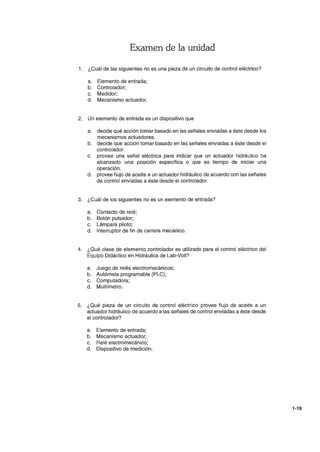 Examen de la unidad
1. ¿Cuál de las siguientes no es una pieza de un circuito de control eléctrico?
a. Elemento de entrada;
b. Controlador;
c. Medidor;
d. Mecanismo actuador.
2. Un elemento de entrada es un dispositivo que
a. decide qué acción tomar basado en las señales enviadas a éste desde los
mecanismos actuadores.
b. decide que acción tomar basado en las señales enviadas a éste desde el
controlador.
c. provee una señal eléctrica para indicar que un actuador hidráulico ha
alcanzado una posición específica o que es tiempo de iniciar una
operación.
d. provee flujo de aceite a un actuador hidráulico de acuerdo con las señales
de control enviadas a éste desde el controlador.
3. ¿Cuál de los siguientes no es un elemento de entrada?
a. Contacto de relé;
b. Botón pulsador;
c. Lámpara piloto;
d. Interruptor de fin de carrera mecánico.
4. ¿Qué clase de elemento controlador es utilizado para el control eléctrico del
Equipo Didáctico en Hidráulica de Lab-Volt?
a. Juego de relés electromecánicos;
b. Autómata programable (PLC);
c. Computadora;
d. Multímetro.
5. ¿Qué pieza de un circuito de control eléctrico provee flujo de aceite a un
actuador hidráulico de acuerdo a las señales de control enviadas a éste desde
el controlador?
a. Elemento de entrada;
b. Mecanismo actuador;
c. Relé electromecánico;
d. Dispositivo de medición.
1-19
 