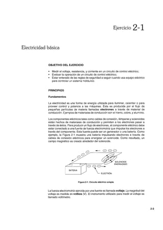 Ejercicio 2-1
Electricidad básica
OBJETIVO DEL EJERCICIO
• Medir el voltaje, resistencia, y corriente en un circuito de control eléctrico;
• Evaluar la operación de un circuito de control eléctrico;
• Estar enterado de las reglas de seguridad a seguir cuando usa equipo eléctrico
para controlar un sistema hidráulico.
PRINCIPIOS
Fundamentos
La electricidad es una forma de energía utilizada para iluminar, calentar o para
proveer control y potencia a las máquinas. Ésta es producida por el flujo de
pequeñas partículas de materia llamadas electrones a través de material de
conducción. Ejemplos de materiales de conducción son el hierro, cobre, y aluminio.
Los componentes eléctricos tales como cables de conexión, lámparas y solenoides
están hechos de materiales de conducción y permiten a los electrones pasar a
través de éstos. Para producir un flujo de electrones, el componente eléctrico debe
estar conectado a una fuente de fuerza electromotriz que impulsa los electrones a
través del componente. Esta fuente puede ser un generador o una batería. Como
ejemplo, la Figura 2-1 muestra una batería impulsando electrones a través de
cables de conexión eléctricos para energizar un solenoide. Como resultado, un
campo magnético es creado alrededor del solenoide.
/.l --0 00
O V'~----=~--:7
O
/
BATERíA
0~0--
~ ELECTRÓN
Figura 2-1. Circuito eléctrico simple.
La fuerza electromotriz ejercida por una fuente es llamada voltaje. La magnitud del
voltaje es medida en voltios (V). El instrumento utilizado para medir el voltaje es
llamado voltímetro.
2-3
 