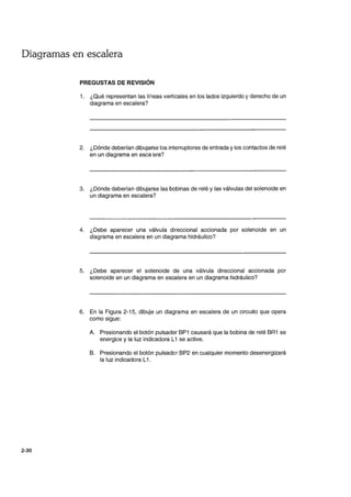 Diagramas en escalera
2-30
PREGUSTAS DE REVISiÓN
1. ¿Qué representan las líneas verticales en los lados izquierdo y derecho de un
diagrama en escalera?
2. ¿Dónde deberían dibujarse los interruptores de entrada y los contactos de relé
en un diagrama en esca'era?
3. ¿Dónde deberían dibujarse las bobinas de relé y las válvulas del solenoide en
un diagrama en escalera?
4. ¿Debe aparecer una válvula direccional accionada por solenoide en un
diagrama en escalera en un diagrama hidráulico?
5. ¿Debe aparecer el solenoide de una válvula direccional accionada por
solenoide en un diagrama en escalera en un diagrama hidráulico?
6. En la Figura 2-15, dibuje un diagrama en escalera de un circuito que opera
como sigue:
A. Presionando el botón pulsador BP1 causará que la bobina de relé BR1 se
energice y la luz indicadora L1 se active.
B. Presionando el botón pulsador BP2 en cualquier momento desenergizará
la luz indicadora L1.
 
