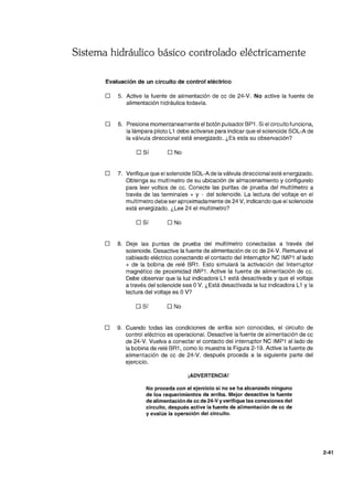 Sistema hidráulico básico controlado eléctricamente
Evaluación de un circuito de control eléctrico
D 5. Active la fuente de alimentación de cc de 24-V. No active la fuente de
alimentación hidráulica todavía.
o 6. Presione momentaneamente el botón pulsador BP1. Si el circuito funciona,
la lámpara piloto L1 debe activarse para indicar que el solenoide SOL-A de
la válvula direccional está energizado. ¿Es esta su observación?
D Sí D No
D 7. Verifique que el solenoide SOL-A de la válvula direccional esté energizado.
Obtenga su multímetro de su ubicación de almacenamiento y configurelo
para leer voltios de cc. Conecte las puntas de prueba del multímetro a
través de las terminales + y - del solenoide. La lectura del voltaje en el
multímetro debe ser aproximadamente de 24 V, indicando que el solenoide
está energizado. ¿Lee 24 el multímetro?
D Sí D No
D 8. Deje las puntas de prueba del multímetro conectadas a través del
solenoide. Desactive la fuente de alimentación de cc de 24-V. Remueva el
cableado eléctrico conectando el contacto del interruptor NC IMP1 aliado
+ de la bobina de relé BR1. Esto simulará la activación del Interruptor
magnético de proximidad IMP1 . Active la fuente de alimentación de cc.
Debe observar que la luz indicadora L1 está desactivada y que el voltaje
a través del solenoide sea OV. ¿Está desactivada la luz indicadora L1 Yla
lectura del voltaje es OV?
D Sí D No
D 9. Cuando todas las condiciones de arriba son conocidas, el circuito de
control eléctrico es operacional. Desactive la fuente de alimentación de cc
de 24-V. Vuelva a conectar el contacto del interruptor NC IMP1 aliado de
la bobina de relé BR1, como lo muestra la Figura 2-19. Active la fuente de
alimentación de cc de 24-V, después proceda a la siguiente parte del
ejercicio.
¡ADVERTENCIA!
No proceda con el ejercicio si no se ha alcanzado ninguno
de los requerimientos de arriba. Mejor desactive la fuente
de alimentación de cc de 24-V y verifique las conexiones del
circuito, después active la fuente de alimentación de cc de
y evalúe la operación del circuito.
2-41
 