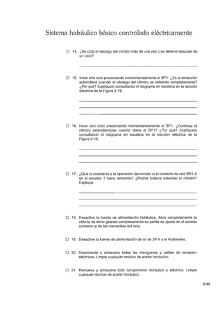 Sistema hidráulico básico controlado eléctricamente
o 14. ¿Se cicla el vástago del cilindro más de una vez o se detiene después de
un ciclo?
o 15. Inicie otro ciclo presionando momentaneamente el BP1. ¿Es la retracción
automática cuando el vástago del cilindro se extiende completamente?
¿Por qué? Explíquelo consultando el diagrama en escalera en la sección
eléctrica de la Figura 2-19.
o 16. Inicie otro ciclo presionando momentaneamente el BP1. ¿Continua el
cilindro extendiéndose cuando libera el BP1? ¿Por qué? Explíquelo
consultando el diagrama en escalera en la sección eléctrica de la
Figura 2-19.
o 17. ¿Qué le sucedería a la operación del circuito si el contacto de relé BR1-A
en el escalón 1 fuera removido? ¿Podría todavía extender el cilindro?
Explique.
o 18. Desactive la fuente de alimentación hidráulica. Abra completamente la
válvula de alivio girando completamente su perilla de ajuste en el sentido
contrario al de las manecillas del reloj.
o 19. Desactive la fuente de alimentación de cc de 24-V y el multímetro.
o 20. Desconecte y almacene todas las mangueras y cables de conexión
eléctricos. Limpie cualquier residuo de aceite hidráulico.
o 21. Remueva y almacene todo componente hidráulico y eléctrico. Limpie
cualquier residuo de aceite hidráulico.
2-43
 
