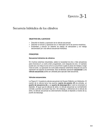 Ejercicio 3-1
Secuencia hidráulica de los cilindros
OBJETIVO DEL EJERCICIO
• Describir el diseño y operación de la válvula secuencial;
• Describir la función y operación de un interruptor de fin de carrera mecánico;
• Ensamblar y evaluar un sistema de trabajo de abrazadera y de trabajo
secuenciado por una válvula secuencial hidráulica.
PRINCIPIOS
Secuencia hidráulica de cilindros
En muchos sistemas industriales, existe la necesidad de dos o más actuadores
para moverse en un cierto orden programado, ciclo después de ciclo. Un ejemplo
puede ser una máquina de corte la cual primero sujeta la pieza de trabajo y luego
inicia el corte. La operación de corte debe empezar solamente después de que la
operación de sujeción es terminada. Esto es llamado operación secuencial y una
válvula secuencial podría ser utilizada para ejecutar esta secuencia.
Válvulas secuenciales
La Figura 3-1 muestra la válvula secuencial del Equipo Didáctico en Hidráulica. El
cuerpo de la válvula tiene tres puertos: puerto de presión (P) de entrada, un
puerto de secuencia (S), y un puerto de descarga (D) el cual va conectado al
depósito. Al igual que la válvula de alivio, la válvula secuencial es normalmente
cerrada y percibe la presión flujo alto. Sin embargo, a diferencia de la válvula de
alivio, la válvula secuencial es externamente drenada al depósito a través de su
puerto de descarga.
3-3
 
