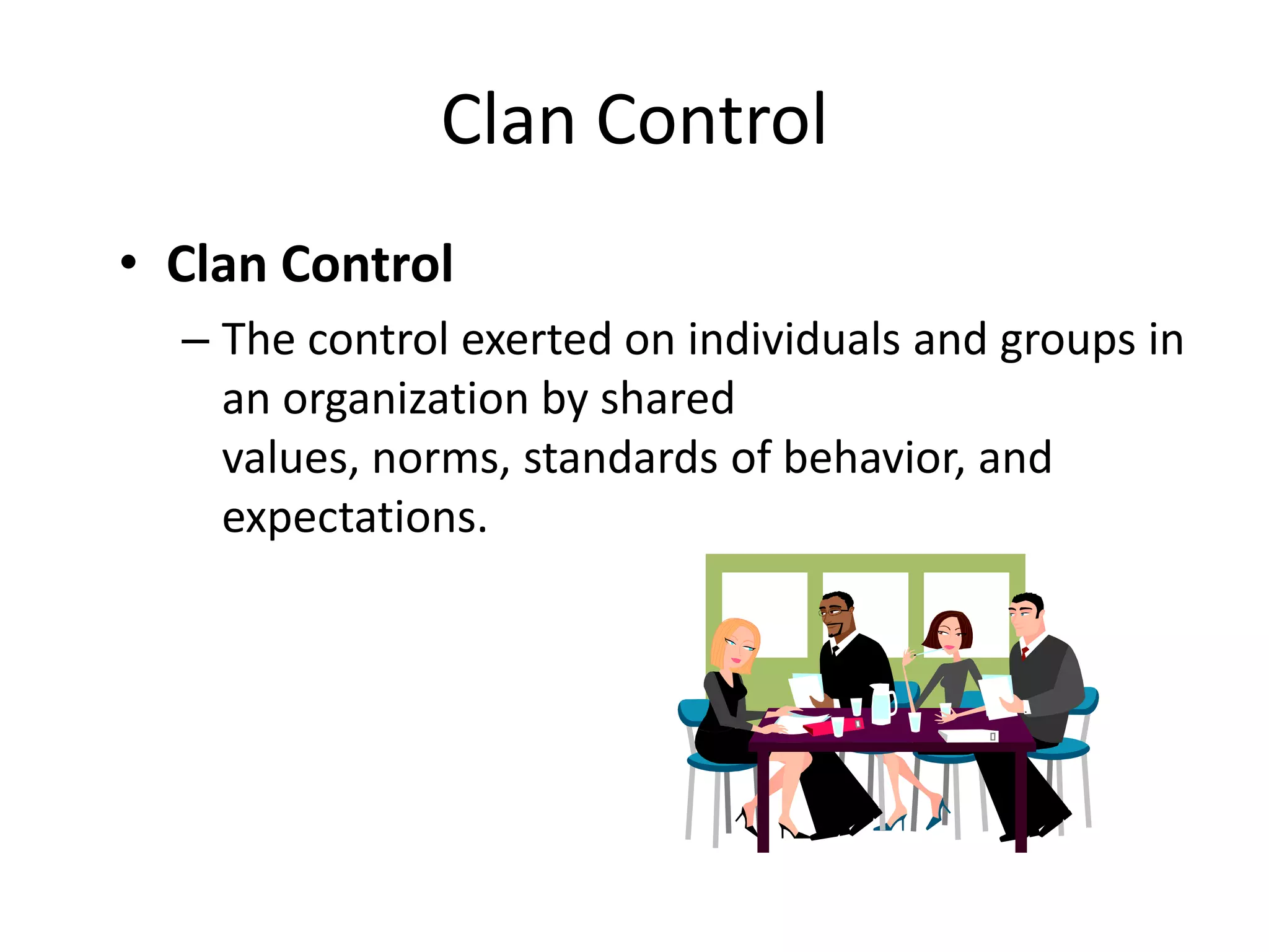 Clan Control
• Clan Control
– The control exerted on individuals and groups in
an organization by shared
values, norms, standards of behavior, and
expectations.

 