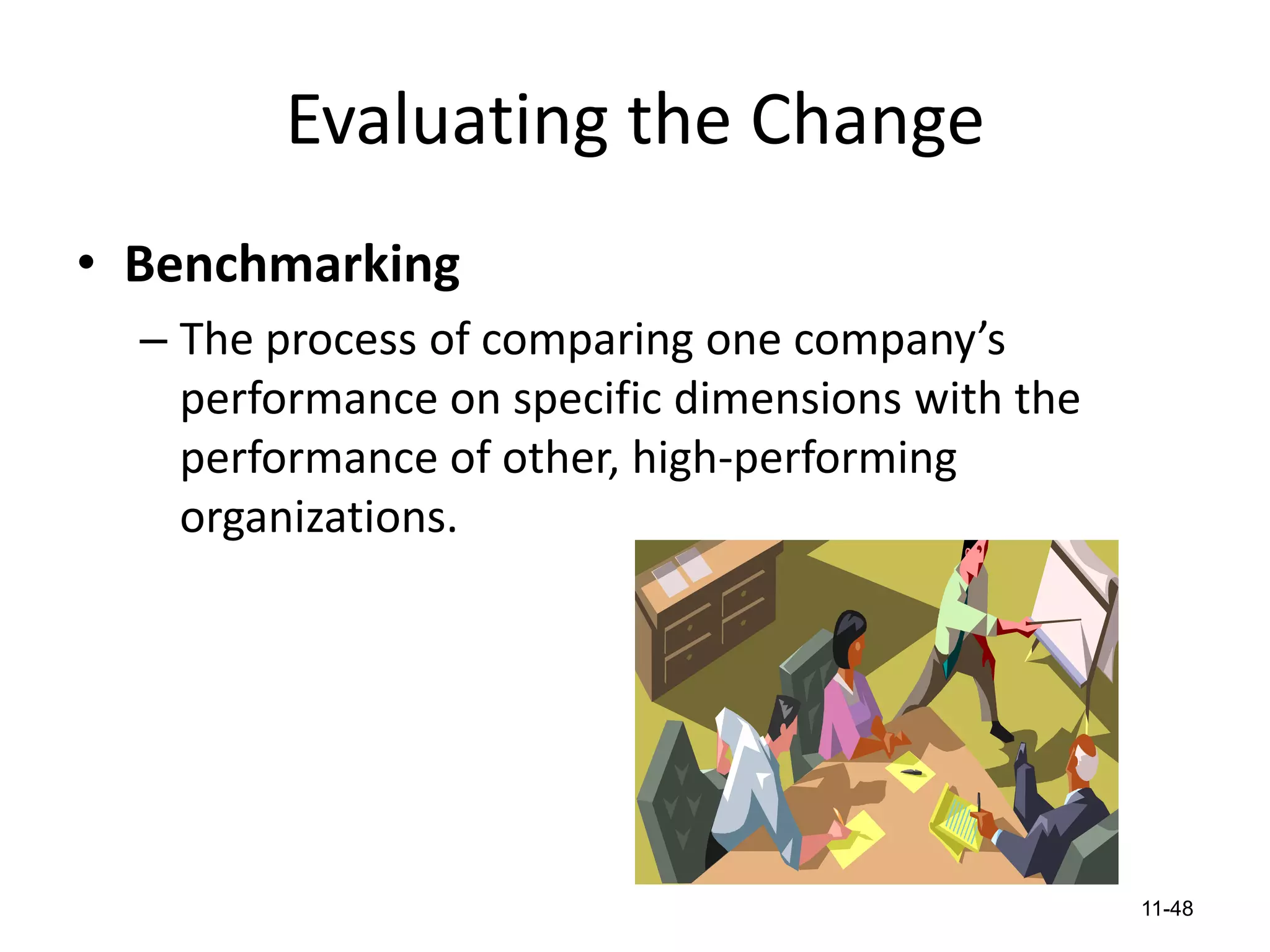 Evaluating the Change
• Benchmarking
– The process of comparing one company’s
performance on specific dimensions with the
performance of other, high-performing
organizations.

11-48

 
