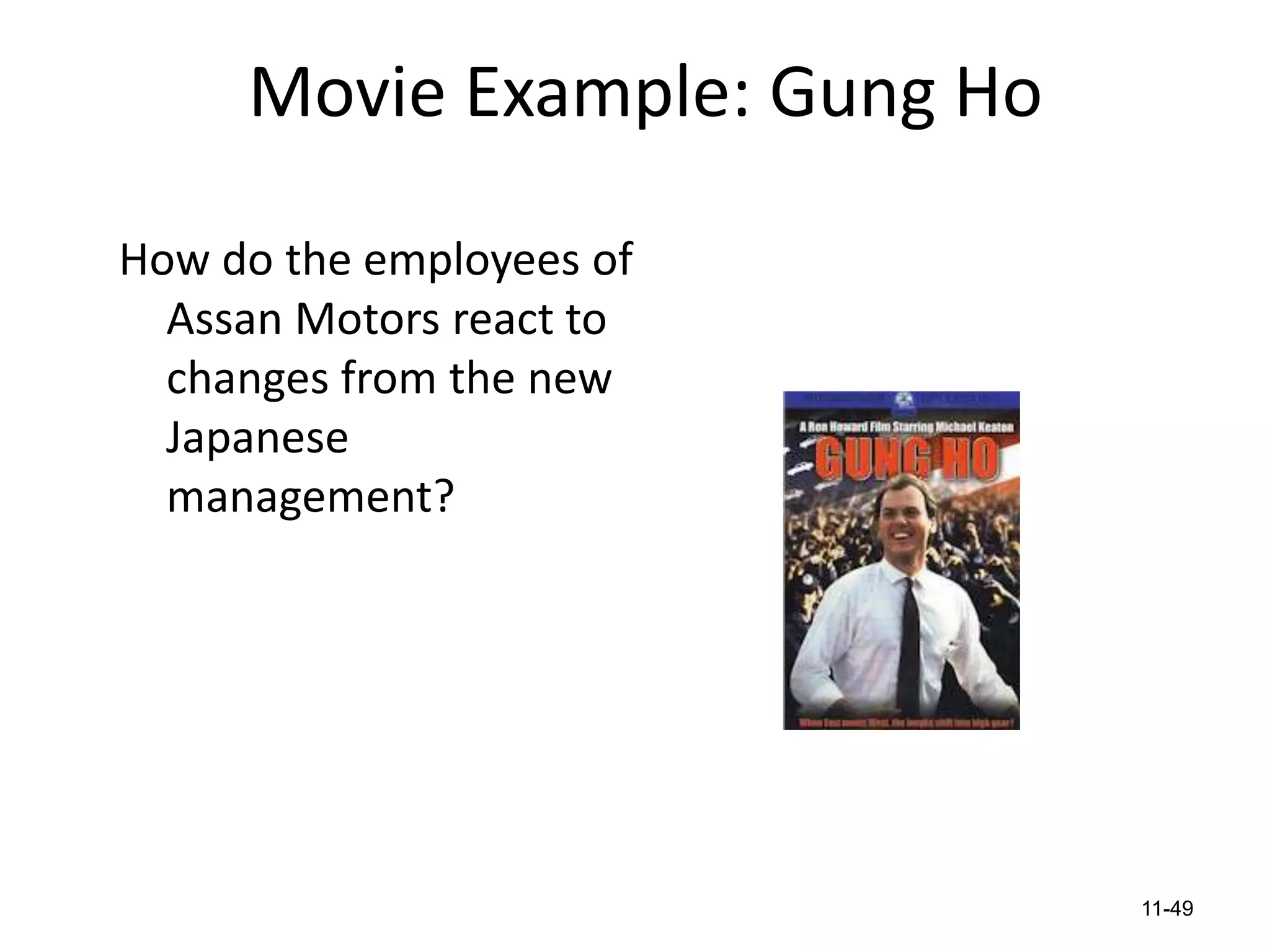 Movie Example: Gung Ho
How do the employees of
Assan Motors react to
changes from the new
Japanese
management?

11-49

 