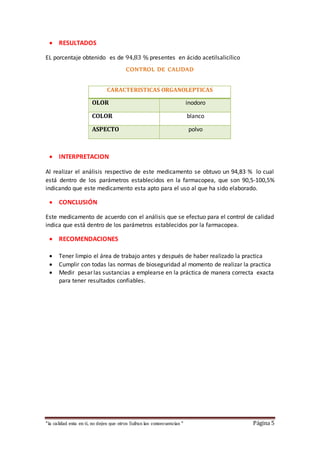  RESULTADOS 
EL porcentaje obtenido es de 94,83 % presentes en ácido acetilsalicílico 
CONTROL DE CALIDAD 
CARACTERISTICAS ORGANOLEPTICAS 
OLOR inodoro 
COLOR blanco 
ASPECTO polvo 
 INTERPRETACION 
Al realizar el análisis respectivo de este medicamento se obtuvo un 94,83 % lo cual 
está dentro de los parámetros establecidos en la farmacopea, que son 90,5-100,5% 
indicando que este medicamento esta apto para el uso al que ha sido elaborado. 
 CONCLUSIÓN 
Este medicamento de acuerdo con el análisis que se efectuo para el control de calidad 
indica que está dentro de los parámetros establecidos por la farmacopea. 
 RECOMENDACIONES 
 Tener limpio el área de trabajo antes y después de haber realizado la practica 
 Cumplir con todas las normas de bioseguridad al momento de realizar la practica 
 Medir pesar las sustancias a emplearse en la práctica de manera correcta exacta 
para tener resultados confiables. 
“la calidad esta en ti, no dejes que otros Sufran las consecuencias “ Página 5 
 