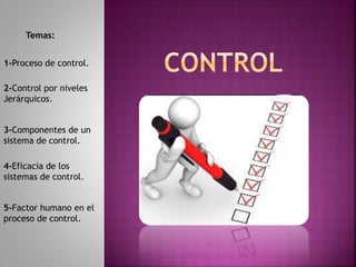 1-Proceso de control.
2-Control por niveles
Jerárquicos.
3-Componentes de un
sistema de control.
4-Eficacia de los
sistemas de control.
5-Factor humano en el
proceso de control.
Temas:
 
