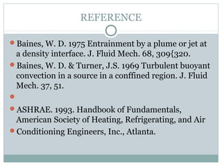 REFERENCE
Baines, W. D. 1975 Entrainment by a plume or jet at
a density interface. J. Fluid Mech. 68, 309{320.
Baines, W. D. & Turner, J.S. 1969 Turbulent buoyant
convection in a source in a conffined region. J. Fluid
Mech. 37, 51.

ASHRAE. 1993. Handbook of Fundamentals,
American Society of Heating, Refrigerating, and Air
Conditioning Engineers, Inc., Atlanta.
 