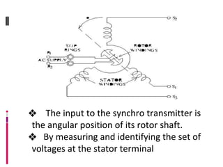 ❖ The input to the synchro transmitter is
the angular position of its rotor shaft.
❖ By measuring and identifying the set of
voltages at the stator terminal
 