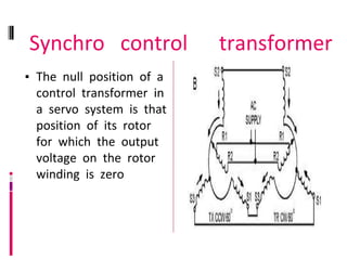 Synchro control transformer
▪ The null position of a
control transformer in
a servo system is that
position of its rotor
for which the output
voltage on the rotor
winding is zero
 