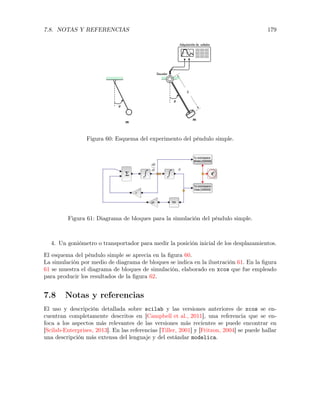 7.8. NOTAS Y REFERENCIAS 179
Figura 60: Esquema del experimento del péndulo simple.
Figura 61: Diagrama de bloques para la simulación del péndulo simple.
4. Un goniómetro o transportador para medir la posición inicial de los desplazamientos.
El esquema del péndulo simple se aprecia en la ﬁgura 60.
La simulación por medio de diagrama de bloques se indica en la ilustración 61. En la ﬁgura
61 se muestra el diagrama de bloques de simulación, elaborado en xcos que fue empleado
para producir los resultados de la ﬁgura 62.
7.8 Notas y referencias
El uso y descripción detallada sobre scilab y las versiones anteriores de xcos se en-
cuentran completamente descritos en [Campbell et al., 2011], una referencia que se en-
foca a los aspectos más relevantes de las versiones más recientes se puede encontrar en
[Scilab-Enterprises, 2013]. En las referencias [Tiller, 2001] y [Fritzon, 2004] se puede hallar
una descripción más extensa del lenguaje y del estándar modelica.
 