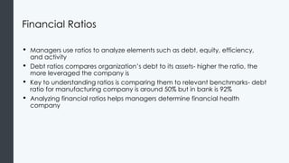 Financial Ratios
• Managers use ratios to analyze elements such as debt, equity, efficiency,
and activity
• Debt ratios compares organization’s debt to its assets- higher the ratio, the
more leveraged the company is
• Key to understanding ratios is comparing them to relevant benchmarks- debt
ratio for manufacturing company is around 50% but in bank is 92%
• Analyzing financial ratios helps managers determine financial health
company
 