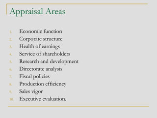 Appraisal Areas
1. Economic function
2. Corporate structure
3. Health of earnings
4. Service of shareholders
5. Research and development
6. Directorate analysis
7. Fiscal policies
8. Production efficiency
9. Sales vigor
10. Executive evaluation.
 