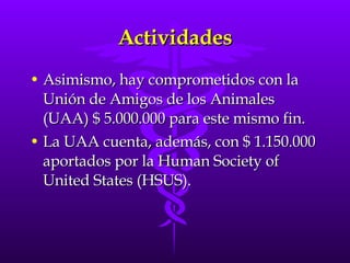 Actividades Asimismo, hay comprometidos con la Unión de Amigos de los Animales (UAA) $ 5.000.000 para este mismo fin. La UAA cuenta, además, con $ 1.150.000 aportados por la Human Society of United States (HSUS). 