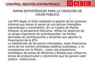 MAPAS ESTRATÉGICOS PARA LA CREACIÓN DE  VALOR PÚBLICO Las EFS llegan al éxito mediante la gestión de los procesos internos que tienen el apoyo de sus activos intangibles (aprendizaje y crecimiento). En un Cuadro de Mando Integral, la  perspectiva fiduciaria , refleja los objetivos de un grupo importante de contribuyentes: los fondos derivados de contribuyentes y donantes que aportan la financiación de la EFS.  La Satisfacción de las partes interesadas, tanto financieras como de los clientes (entidades públicas auditadas), y en consonancia con la Misión,  crean una arquitectura estratégica de temas de eficiencia y eficacia que refleja los temas de productividad y crecimiento que les genera valor público  institucional. CONTROL GESTIÓN ESTRATÉGICA 