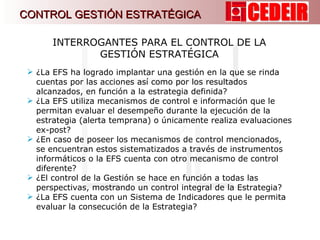 ¿La EFS ha logrado implantar una gestión en la que se rinda cuentas por las acciones así como por los resultados alcanzados, en función a la estrategia definida? ¿La EFS utiliza mecanismos de control e información que le permitan evaluar el desempeño durante la ejecución de la estrategia (alerta temprana) o únicamente realiza evaluaciones ex-post? ¿En caso de poseer los mecanismos de control mencionados, se encuentran estos sistematizados a través de instrumentos informáticos o la EFS cuenta con otro mecanismo de control diferente? ¿El control de la Gestión se hace en función a todas las perspectivas, mostrando un control integral de la Estrategia?  ¿La EFS cuenta con un Sistema de Indicadores que le permita evaluar la consecución de la Estrategia? INTERROGANTES PARA EL CONTROL DE LA GESTIÓN ESTRATÉGICA CONTROL GESTIÓN ESTRATÉGICA 