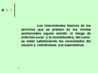 Los intervinientes básicos de los servicios que se prestan en los niveles asistenciales siguen siendo: el riesgo de enfermar-curar  y la incertidumbre, del como  se están satisfaciendo las necesidades del usuario y  cubriéndose  sus expectativas. 