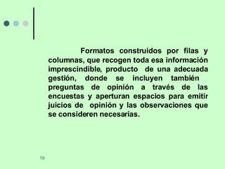 Formatos construidos por filas y columnas, que recogen toda esa información imprescindible, producto  de una adecuada gestión, donde se incluyen también  preguntas de opinión a través de las encuestas y aperturan espacios para emitir juicios de  opinión y las observaciones que se consideren necesarias.  