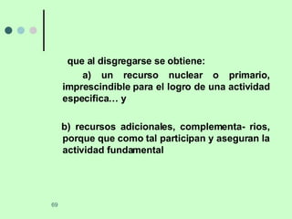 que al disgregarse se obtiene: a) un recurso nuclear o primario, imprescindible para el logro de una actividad especifica… y  b) recursos adicionales, complementa- rios, porque que como tal participan y aseguran la actividad fundamental 