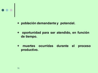 +  población demandante y  potencial. +  oportunidad para ser atendido, en función  de tiempo. + muertes ocurridas durante el proceso productivo. 