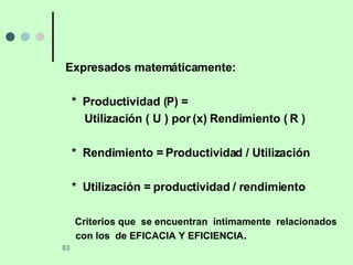 Expresados matemáticamente: *  Productividad (P) =  Utilización ( U ) por (x) Rendimiento ( R )  *  Rendimiento = Productividad / Utilización *  Utilización = productividad / rendimiento Criterios que  se encuentran  íntimamente  relacionados con los  de EFICACIA Y EFICIENCIA . 