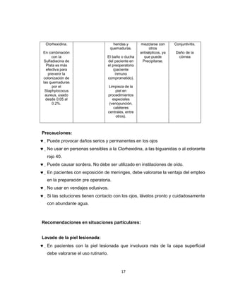 Clorhexidina.                          heridas y       mezclarse con      Conjuntivitis.
                                      quemaduras.            otros
En combinación                                          antisépticos, ya    Daño de la
      con la                     El baño o ducha          que puede          córnea
 Sulfadiacina de                 del paciente en         Precipitarse.
  Plata es más                   el preoperatorio
  efectiva para                      (paciente
   prevenir la                        inmuno
colonización de                  comprometido).
las quemaduras
      por el                         Limpieza de la
 Staphylococus                            piel en
 aureus, usado                       procedimientos
  desde 0.05 al                         especiales
      0.2%.                           (venopunción,
                                         catéteres
                                     centrales, entre
                                          otros).



Precauciones:
  Puede provocar daños serios y permanentes en los ojos
  No usar en personas sensibles a la Clorhexidina, a las biguanidas o al colorante
  rojo 40.
  Puede causar sordera. No debe ser utilizado en instilaciones de oído.
  En pacientes con exposición de meninges, debe valorarse la ventaja del empleo
  en la preparación pre operatoria.
  No usar en vendajes oclusivos.
  Si las soluciones tienen contacto con los ojos, lávelos pronto y cuidadosamente
  con abundante agua.



Recomendaciones en situaciones particulares:


Lavado de la piel lesionada:
  En pacientes con la piel lesionada que involucra más de la capa superficial
  debe valorarse el uso rutinario.



                                             17
 