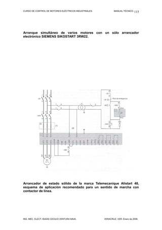 CURSO DE CONTROL DE MOTORES ELÉCTRICOS INDUSTRIALES. MANUAL TÉCNICO.
Arranque simultáneo de varios motores con un sólo arrancador
electrónico SIEMENS SIKOSTART 3RW22.
Arrancador de estado sólido de la marca Telemecaníque Alistart 48,
esquema de aplicación recomendado para un sentido de marcha con
contactor de línea.
ING. MEC. ELECT. ISAÍAS CECILIO VENTURA NAVA. VERACRUZ, VER. Enero de 2008.
115
 