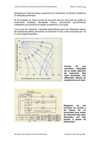 CURSO DE CONTROL DE MOTORES ELÉCTRICOS INDUSTRIALES. MANUAL TÉCNICO.
deseada por medio de pasos sucesivos en la resistencia, al eliminar resistencia
la velocidad aumentará.
Si se empleara un motor normal de inducción del tipo rotor jaula de ardilla, el
movimiento resultaría demasiado brusco, provocando sacudimientos
indeseados que pondrían en peligro al personal y a la carga.
Las curvas par mecánico- velocidad desarrolladas para seis diferentes valores
de resistencia externa conectada, se muestran en las curvas marcadas del 1 al
6. Ver la siguiente gráfica.
Curvas de par
mecánico – velocidad
de un motor eléctrico
de inducción tipo
rotor devanado, con
diferentes valores de
resistencia en el rotor.
Diagrama de los
circuitos de control y
de fuerza, de un
arrancador para motor
de inducción tipo rotor
devanado, con tres
puntos o pasos de
aceleración.
ING. MEC. ELECT. ISAÍAS CECILIO VENTURA NAVA. VERACRUZ, VER. Enero de 2008.
156
 