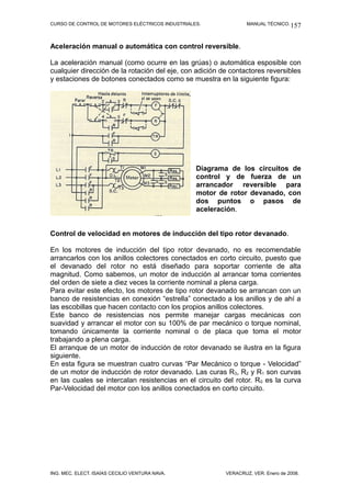CURSO DE CONTROL DE MOTORES ELÉCTRICOS INDUSTRIALES. MANUAL TÉCNICO.
Aceleración manual o automática con control reversible.
La aceleración manual (como ocurre en las grúas) o automática esposible con
cualquier dirección de la rotación del eje, con adición de contactores reversibles
y estaciones de botones conectados como se muestra en la siguiente figura:
Diagrama de los circuitos de
control y de fuerza de un
arrancador reversible para
motor de rotor devanado, con
dos puntos o pasos de
aceleración.
Control de velocidad en motores de inducción del tipo rotor devanado.
En los motores de inducción del tipo rotor devanado, no es recomendable
arrancarlos con los anillos colectores conectados en corto circuito, puesto que
el devanado del rotor no está diseñado para soportar corriente de alta
magnitud. Como sabemos, un motor de inducción al arrancar toma corrientes
del orden de siete a diez veces la corriente nominal a plena carga.
Para evitar este efecto, los motores de tipo rotor devanado se arrancan con un
banco de resistencias en conexión “estrella” conectado a los anillos y de ahí a
las escobillas que hacen contacto con los propios anillos colectores.
Este banco de resistencias nos permite manejar cargas mecánicas con
suavidad y arrancar el motor con su 100% de par mecánico o torque nominal,
tomando únicamente la corriente nominal o de placa que toma el motor
trabajando a plena carga.
El arranque de un motor de inducción de rotor devanado se ilustra en la figura
siguiente.
En esta figura se muestran cuatro curvas “Par Mecánico o torque - Velocidad”
de un motor de inducción de rotor devanado. Las curas R3, R2 y R1 son curvas
en las cuales se intercalan resistencias en el circuito del rotor. R0 es la curva
Par-Velocidad del motor con los anillos conectados en corto circuito.
ING. MEC. ELECT. ISAÍAS CECILIO VENTURA NAVA. VERACRUZ, VER. Enero de 2008.
157
 