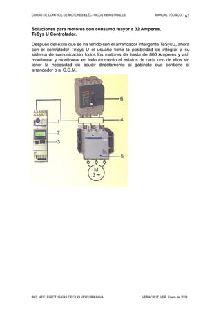 CURSO DE CONTROL DE MOTORES ELÉCTRICOS INDUSTRIALES. MANUAL TÉCNICO.
Soluciones para motores con consumo mayor a 32 Amperes.
TeSys U Controlador.
Después del éxito que se ha tenido con el arrancador inteligente TeSysU, ahora
con el controlador TeSys U el usuario tiene la posibilidad de integrar a su
sistema de comunicación todos los motores de hasta de 800 Amperes y así,
monitorear y monitorear en todo momento el estatus de cada uno de ellos sin
tener la necesidad de acudir directamente al gabinete que contiene el
arrancador o al C.C.M.
ING. MEC. ELECT. ISAÍAS CECILIO VENTURA NAVA. VERACRUZ, VER. Enero de 2008.
163
 