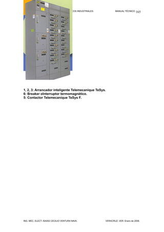 CURSO DE CONTROL DE MOTORES ELÉCTRICOS INDUSTRIALES. MANUAL TÉCNICO.
1, 2, 3: Arrancador inteligente Telemecanique TeSys.
6: Breaker oInterruptor termomagnético.
5: Contactor Telemecanique TeSys F.
ING. MEC. ELECT. ISAÍAS CECILIO VENTURA NAVA. VERACRUZ, VER. Enero de 2008.
165
 