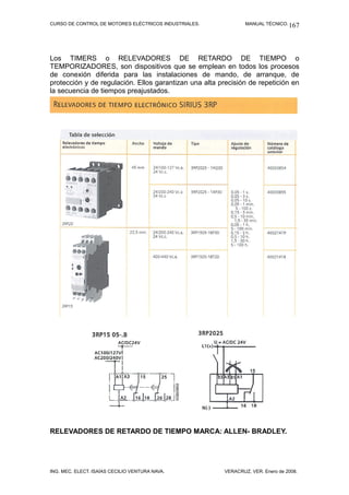 CURSO DE CONTROL DE MOTORES ELÉCTRICOS INDUSTRIALES. MANUAL TÉCNICO.
Los TIMERS o RELEVADORES DE RETARDO DE TIEMPO o
TEMPORIZADORES, son dispositivos que se emplean en todos los procesos
de conexión diferida para las instalaciones de mando, de arranque, de
protección y de regulación. Ellos garantizan una alta precisión de repetición en
la secuencia de tiempos preajustados.
RELEVADORES DE RETARDO DE TIEMPO MARCA: ALLEN- BRADLEY.
ING. MEC. ELECT. ISAÍAS CECILIO VENTURA NAVA. VERACRUZ, VER. Enero de 2008.
167
 