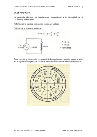 CURSO DE CONTROL DE MOTORES ELÉCTRICOS INDUSTRIALES. MANUAL TÉCNICO.
LA LEY DE WATT.
La potencia eléctrica es directamente proporcional a la intensidad de la
corriente y a la tensión.
Potencia es la rapidez con que se realiza un trabajo.
Cálculo de la potencia eléctrica:
Para concluir y hacer más comprensible lo que hemos descrito vamos a verlo
en la siguiente imagen que contiene todas las fórmulas de electricidad básica:
ING. MEC. ELECT. ISAÍAS CECILIO VENTURA NAVA. VERACRUZ, VER. Enero de 2008.
8
 