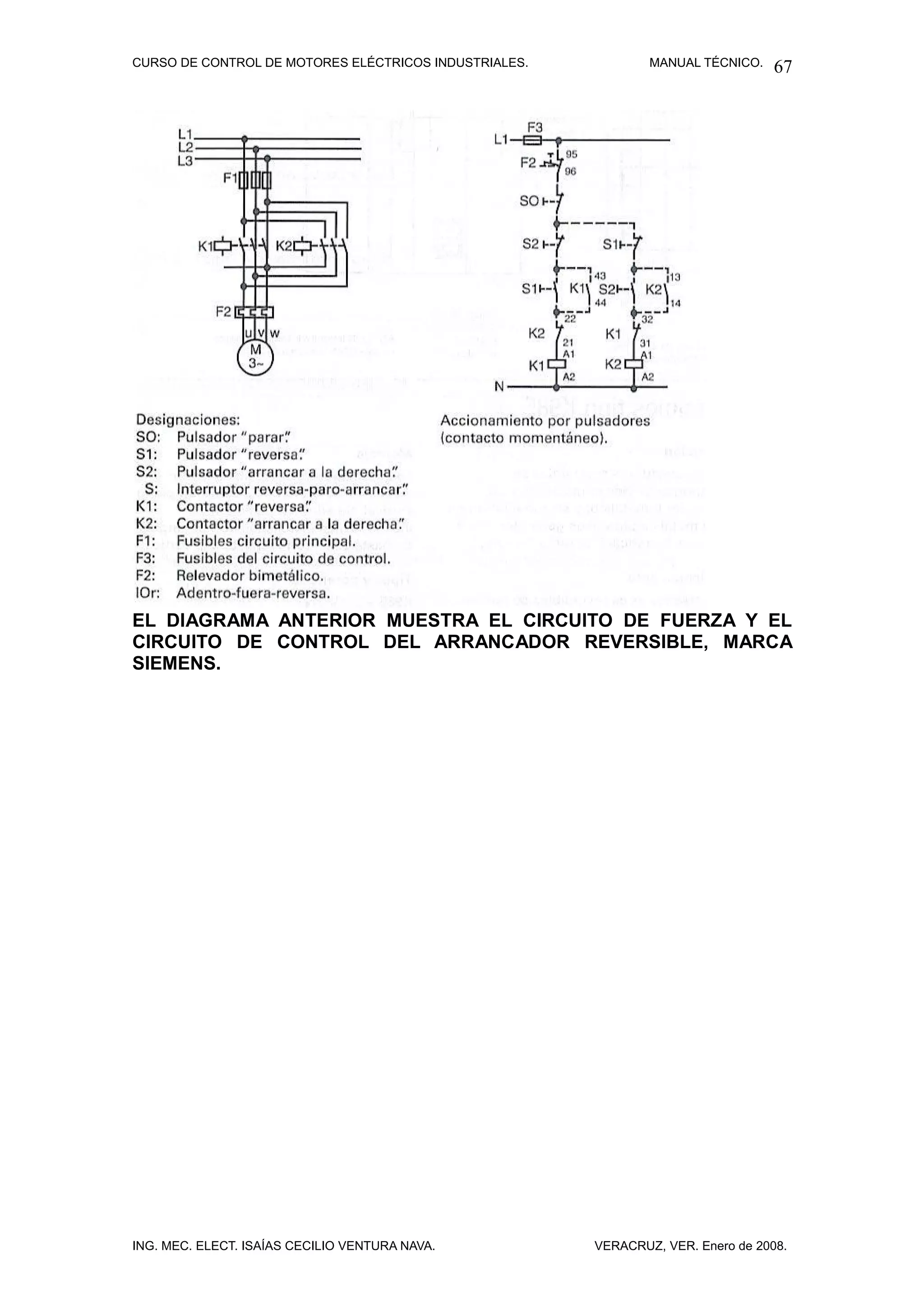 CURSO DE CONTROL DE MOTORES ELÉCTRICOS INDUSTRIALES.           MANUAL TÉCNICO.   67




EL DIAGRAMA ANTERIOR MUESTRA EL CIRCUITO DE FUERZA Y EL
CIRCUITO DE CONTROL DEL ARRANCADOR REVERSIBLE, MARCA
SIEMENS.




ING. MEC. ELECT. ISAÍAS CECILIO VENTURA NAVA.          VERACRUZ, VER. Enero de 2008.
 