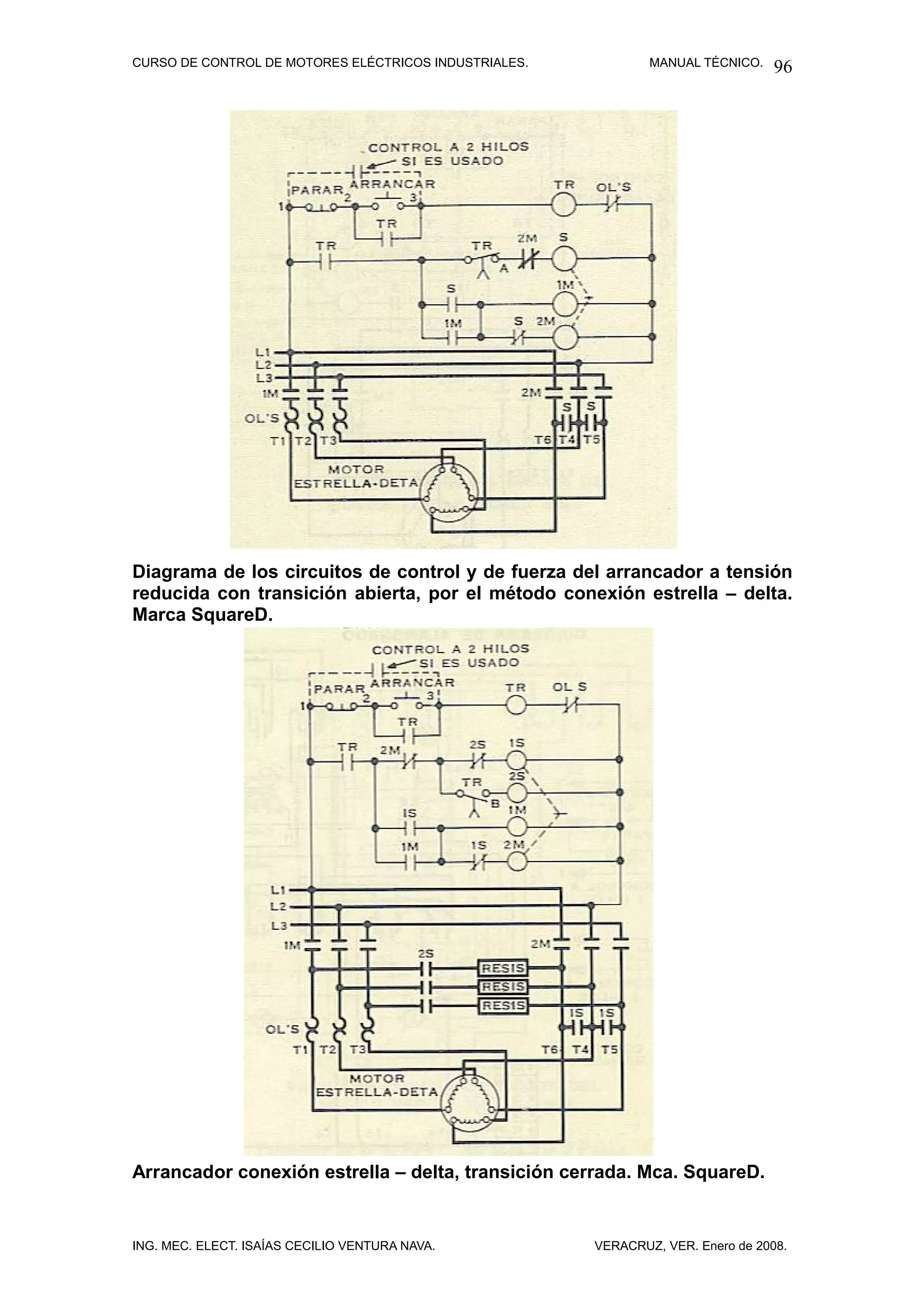 CURSO DE CONTROL DE MOTORES ELÉCTRICOS INDUSTRIALES.           MANUAL TÉCNICO.   96




Diagrama de los circuitos de control y de fuerza del arrancador a tensión
reducida con transición abierta, por el método conexión estrella – delta.
Marca SquareD.




Arrancador conexión estrella – delta, transición cerrada. Mca. SquareD.


ING. MEC. ELECT. ISAÍAS CECILIO VENTURA NAVA.          VERACRUZ, VER. Enero de 2008.
 