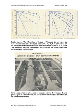 CURSO DE CONTROL DE MOTORES ELÉCTRICOS INDUSTRIALES.           MANUAL TÉCNICO. 158




Cuatro curvas “Par Mecánico o Torque – Velocidad de un motor de
inducción del tipo rotor devanado. Las curvas R3, R2, Y R1 son curvas en
las cuales se intercalan resistencias en el circuito del rotor. R0 es la curva
“Par Mecánico o Torque – Velocidad” del motor con los anillos colectores
conectados en corto circuito.




Vista desde arriba de la transmisión electromecánica del malacate de una
grúa viajera de uso industrial, se observa el motor eléctrico de inducción
del tipo rotor devanado.




ING. MEC. ELECT. ISAÍAS CECILIO VENTURA NAVA.          VERACRUZ, VER. Enero de 2008.
 
