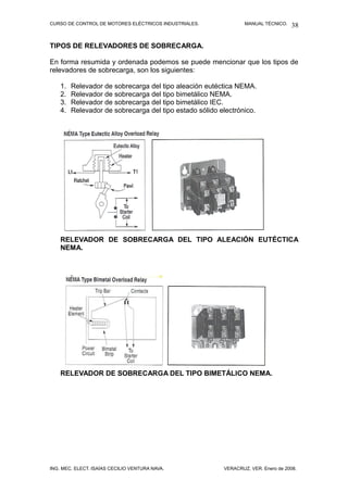CURSO DE CONTROL DE MOTORES ELÉCTRICOS INDUSTRIALES.             MANUAL TÉCNICO.   38

TIPOS DE RELEVADORES DE SOBRECARGA.

En forma resumida y ordenada podemos se puede mencionar que los tipos de
relevadores de sobrecarga, son los siguientes:

    1.   Relevador de sobrecarga del tipo aleación eutéctica NEMA.
    2.   Relevador de sobrecarga del tipo bimetálico NEMA.
    3.   Relevador de sobrecarga del tipo bimetálico IEC.
    4.   Relevador de sobrecarga del tipo estado sólido electrónico.




    RELEVADOR DE SOBRECARGA DEL TIPO ALEACIÓN EUTÉCTICA
    NEMA.




    RELEVADOR DE SOBRECARGA DEL TIPO BIMETÁLICO NEMA.




ING. MEC. ELECT. ISAÍAS CECILIO VENTURA NAVA.            VERACRUZ, VER. Enero de 2008.
 