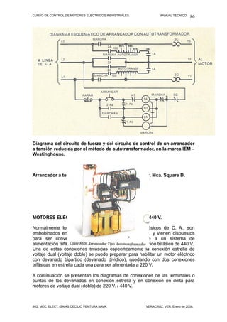 CURSO DE CONTROL DE MOTORES ELÉCTRICOS INDUSTRIALES.            MANUAL TÉCNICO.   86




Diagrama del circuito de fuerza y del circuito de control de un arrancador
a tensión reducida por el método de autotransformador, en la marca IEM –
Westinghouse.



Arrancador a tensión reducida por autotransformador, Mca. Square D.




MOTORES ELÉCTRICOS DE VOLTAJE DUAL, 220 V. / 440 V.

Normalmente los motores eléctricos de inducción trifásicos de C. A., son
embobinados en conexión estrella o en conexión delta, y vienen dispuestos
para ser convertidos o cambiados para conectarse a un sistema de
alimentación trifásico de 220 V. o un sistema de alimentación trifásico de 440 V.
Una de estas conexiones trifásicas específicamente la conexión estrella de
voltaje dual (voltaje doble) se puede preparar para habilitar un motor eléctrico
con devanado bipartido (devanado dividido), quedando con dos conexiones
trifásicas en estrella cada una para ser alimentada a 220 V.

A continuación se presentan los diagramas de conexiones de las terminales o
puntas de los devanados en conexión estrella y en conexión en delta para
motores de voltaje dual (doble) de 220 V. / 440 V.



ING. MEC. ELECT. ISAÍAS CECILIO VENTURA NAVA.           VERACRUZ, VER. Enero de 2008.
 