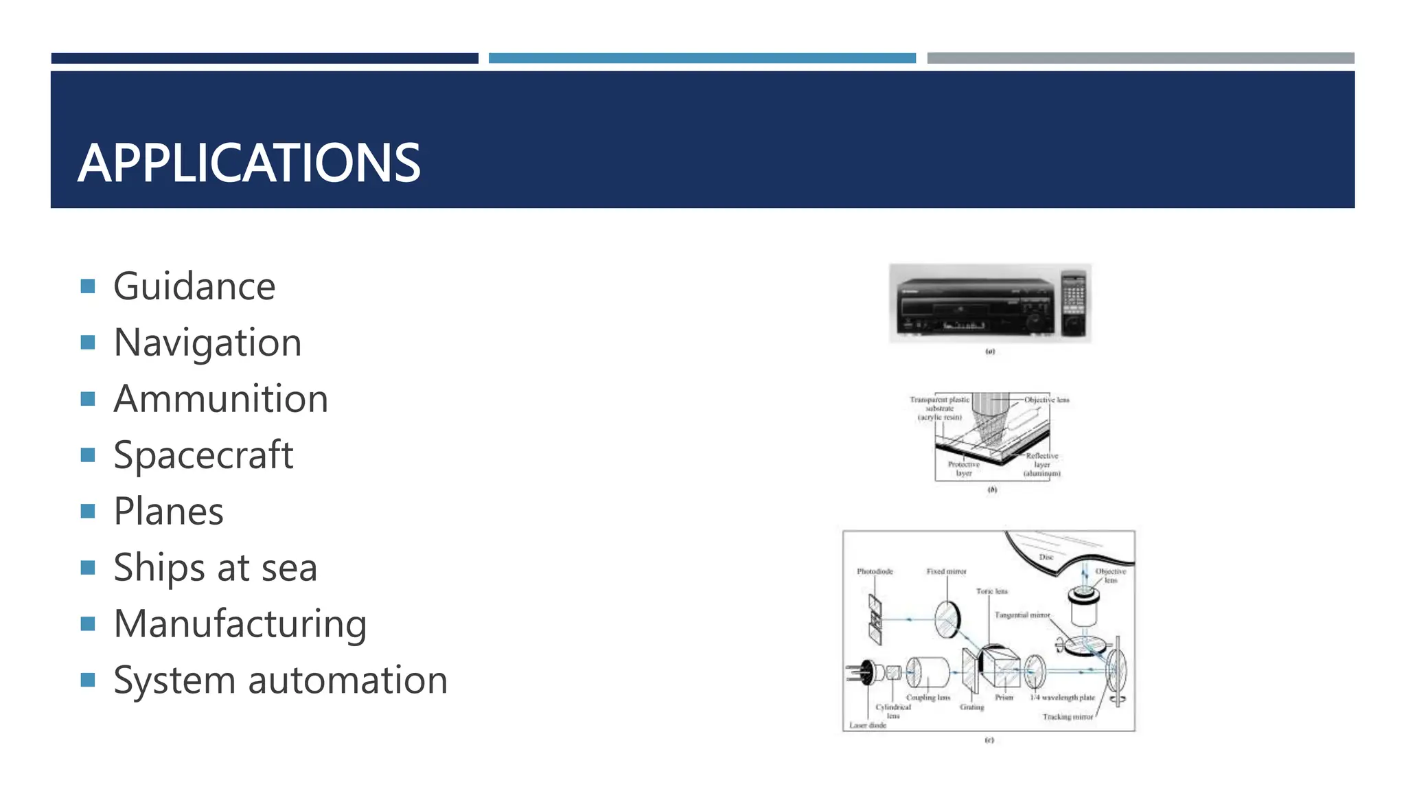 APPLICATIONS
 Guidance
 Navigation
 Ammunition
 Spacecraft
 Planes
 Ships at sea
 Manufacturing
 System automation
 