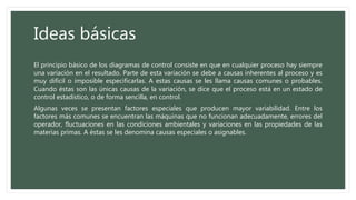 Ideas básicas
El principio básico de los diagramas de control consiste en que en cualquier proceso hay siempre
una variación en el resultado. Parte de esta variación se debe a causas inherentes al proceso y es
muy difícil o imposible especificarlas. A estas causas se les llama causas comunes o probables.
Cuando éstas son las únicas causas de la variación, se dice que el proceso está en un estado de
control estadístico, o de forma sencilla, en control.
Algunas veces se presentan factores especiales que producen mayor variabilidad. Entre los
factores más comunes se encuentran las máquinas que no funcionan adecuadamente, errores del
operador, fluctuaciones en las condiciones ambientales y variaciones en las propiedades de las
materias primas. A éstas se les denomina causas especiales o asignables.
 