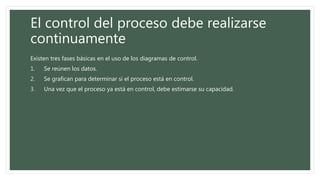 El control del proceso debe realizarse
continuamente
Existen tres fases básicas en el uso de los diagramas de control.
1. Se reúnen los datos.
2. Se grafican para determinar si el proceso está en control.
3. Una vez que el proceso ya está en control, debe estimarse su capacidad.
 