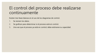 El control del proceso debe realizarse
continuamente
Existen tres fases básicas en el uso de los diagramas de control.
1. Se reúnen los datos.
2. Se grafican para determinar si el proceso está en control.
3. Una vez que el proceso ya está en control, debe estimarse su capacidad.
 