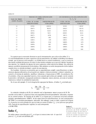 Índices de capacidad para procesos con doble especificación 103
(continuación)
Un aspecto que es necesario destacar es que la interpretación que se da en las tablas 5.1 y
5.2 está fundamentada en cuatro supuestos:que la característica de calidad se distribuye de manera
normal, que el proceso está centrado y es estable (está en control estadístico), y que se conoce la
desviación estándar del proceso.Es decir, la desviación estándar no es una esti- mación basada en
una muestra. La violación de alguno de estos supuestos, sobre todo de los últimos dos,afecta de
manera sensible la interpretación de los índices. Más adelante severá la interpretación de los índices
cuando éstos se calculan (estiman) a partir de una muestra.
Si al analizar el proceso se encuentra que su capacidad para cumplir especificaciones es mala,
entonces algunas alternativas de actuación son: mejorar el proceso (centrar y reducir variación), su
control y el sistema de medición, modificar tolerancias o inspeccionar al 100% los productos.Por
el contrario, si hay una capacidad excesiva, ésta se puede aprovechar, por ejemplo: con la venta de
la precisión o del método, reasignando productos a máquinas menos precisas, así como al acelerar
el proceso y reducir la cantidad de inspección.
En el caso del ejemplo 5.1 de la longitud de capa para las llantas, el índice Cp
está dado por:
790 − 770 20
Cp = = 1.11
186(3)
La variación tolerada es de 20 y la variación real es ligeramente menor ya que es de 18. De
acuerdo con la tabla 5.1, el proceso tiene una capacidad potencial parcialmente adecuada y requiere
de un control estricto. En función de la tabla 5.2 se espera que si el proceso estuviera centrado
arrojaría aproximadamente 0.0967% de las capas fuera de especificaciones, lo cual corresponde a
967 PPM y se considera parcialmente adecuado. Sin embargo, como es claro, a partir de la figura
5.1 el proceso no está centrado (lo que no toma en cuenta el índice Cp
), y eso provoca que genere
1.0% fuera de la especificación superior, lo cual corresponde
a 10 000 PPM. Índice Cr
Indicador de la capacidad potencial
del proceso que divide la amplitud de
la variación natural de éste entre la
variación tolerada. Representa la pro-
porción de la banda de especiﬁcacio-
nes que es cubierta por el proceso.
Índice Cr
Un índice menos conocido que el Cp
, es el que se conoce como razón de capacidad
potencial, Cr
,el cual está definido por:
VALOR DEL ÍNDICE
(CORTO PLAZO)
PROCESO CON DOBLE ESPECIFICACIÓN
(ÍNDICE Cp
)
CON REFERENCIAA UNA SOLA ESPECIFICACIÓN
(Cpi
, Cps
, Cpk
)
% FUERA DE LAS DOS
ESPECIFICACIONES
PARTES POR MILLÓN
FUERA (PPM)
% FUERA DE UNA
ESPECIFICACIÓN
PARTES POR MILLÓN
FUERA (PPM)
1.0
1.1
1.2
1.3
1.4
1.5
1.6
1.7
1.8
1.9
2.0
0.270 0%
0.096 7%
0.0318%
0.009 6%
0.002 7%
0.0007%
0.0002 %
0.0000%
0.0000%
0.0000%
0.0000%
2 699.934
966.9 65
318.291
96.231
26.708
6.802
1.589
0.340
0.067
0.012
0.002
0.1350 %
0.0483 %
0.015 9%
0.0048 %
0.0013 %
0.0003 %
0.0001%
0.0000%
0.0000%
0.0000%
0.0000%
1 349.967
483.48 3
159.14 6
48.116
13.354
3.401
0.794
0.170
0.033
0.006
0.001
 