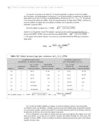 112 CAPÍTULO 5: Índices de capacidad, métricas Seis Sigma y análisis de tolerancias
Lo anterior se resume en la tabla 5.3; en la parte izquierda se aprecia el nivel de calidad
de corto plazo, sin desplazamiento del proceso, y en la parte derecha se representa la calidad de
largo plazo, por lo que se incluye un desplazamiento del proceso de 1.5σ = Zm
= 1.5. En general,
si se conocen las partes por millón fuera de especificaciones de largo plazo, PPML
, entonces el
nivel de calidad en sigmas (de corto plazo) se obtiene con la siguiente ecuación
(Schmidt y Launsby 1997):
Nivel de calidad en sigmas (Zc ) = 0.8406 29.37 2.221 r ln ( PPM)
donde 1n es el logaritmo natural. Por ejemplo, suponga que de acuerdo con datos históricos un
procesotienePPM = 20 000, entonces éstetieneunacalidad0.8406 + 29.37 2.221 r ln (20000)
= 3.56 sigmas. De la misma manera, si se conoce Zc
es posible obtener las PPM que se esperan a
largo plazo:
§ 29.37 (Zc 0.8406)2 ¶
PPML exp ¨ ·
2.221
TABLA 5.3 Calidad de corto y largo plazo entérminos de Cp, Zc, ZL y PPM.
§ ¶
·29.37 (Z c 0.8406) 2
Nivel de calidad en sigmas: Z c 0.8406 29.37 2.221r In (PPML ) PPM L exp ¨
2.221
Los niveles de calidad medidos en sigmas no sólo son números enteros, sino que pueden
ser números reales con decimales. Además, pasarde un nivel de calidad sigma al siguiente superior
no es una tarea sencilla. A partir de la tabla 5.3 es posible obtenerla tabla 5.4, en donde se muestra
la reducción de defectos de un nivel de sigma al siguiente.
Con la información de la tabla 5.4 queda claro que tener una empresa Seis Sigma no es una
labor que termine en un año, por el contrario requiere del trabajo decidido de varios años. Por
ejemplo, en Harry (2000) se hace un análisis en donde se plantea que pasar de cuatro a Seis Sigma
requiere de cinco años.
CALIDAD DE CORTO PLAZO
(SUPONIENDO UN PROCESO CENTRADO)
CALIDAD DE LARGO PLAZO
CON UN MOVIMIENTO DE 1.5σ
ÍNDICE CP
CALIDAD EN
SIGMAS Zc
% DE LA CURVA
DENTRO DE
ESPECIFICACIONES
PARTES POR
MILLÓN FUERA DE
ESPECIFICACIONES ÍNDICE ZL
% DE LA CURVA
DENTRO DE
ESPECIFICACIONES
PPM FUERADE
ESPECIFICACIONES
0.33
0.67
1.00
1.33
1.67
2.00
1
2
3
4
5
6
68.27
95.45
99.73
99.9937
99.999943
99.9999998
317 300
45 500
2 700
63
0.57
0.002
−0.5
0.5
1.5
2.5
3.5
4.5
30.23
69.13
93.32
99.379
99.9767
99.99966
697 700
308 700
66 807
6 210
233
3.4
 