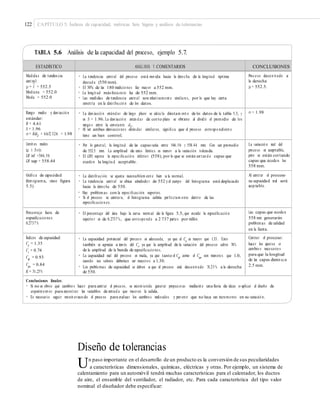 122 CAPÍTULO 5: Índices de capacidad, métricas Seis Sigma y análisis de tolerancias
TABLA 5.6 Análisis de la capacidad del proceso, ejemplo 5.7.
—
μ ≈ 552.5.
• La longit ud más frecu en te fue de 552 mm.
• Al ser ambas desviacio nes están dar similares, signiﬁca que el proceso correspo ndient e
pero se están cortando
su capacidad real será
• Hay problemas con la especiﬁcación superior.
hacer los ajust es o
para que la longitud
2.5 mm.
Conclusiones ﬁnales:
• Si no es obvio qué cambio s hacer para centrar el proceso, se recomienda generar propuest as mediant e una lluvia de ideas o aplicar el diseño de
experiment os para encont rar las variables de entrad a que mueven la salida.
• Es necesario seguir monit orean do el proceso para evaluar los cambio s realizados y prevenir que no haya un incremento en su variació n.
Diseño de tolerancias
Un paso importante en el desarrollo de un producto es la conversión de sus peculiaridades
a características dimensionales, químicas, eléctricas y otras. Por ejemplo, un sistema de
calentamiento para un automóvil tendrá muchas características para el calentador, los ductos
de aire, el ensamble del ventilador, el radiador, etc. Para cada característica del tipo valor
nominal el diseñador debe especificar:
ESTADÍSTICO ANÁLISIS Y COMENTARIOS CONCLUSIONES
Medidas de tenden cia
cent ral:
μ ≈ X = 552.5
Mediana = 552.0
Moda = 552.0
• La tendencia central del proceso está movida hacia la derecha de la longitud óptima
desead a (550 mm).
• El 50% de las 180 medicio nes fue mayor a 552 mm.
• Las medidas de tendencia central son relativament e similares, por lo que hay cierta
simetría en la distribu ció n de los datos.
Proceso descen trado a
la derecha
Rango medio y desviació n
estándar:
R = 4.61
S = 1.96
σ ≈ R/d2
= 4.6/2.326 = 1.98
• La desviació n estánd ar de largo plazo se calcu la directam ent e de los datos de la tabla 5.5, y
es S = 1.96. La desviació n están d ar de corto plazo se obtiene al dividir el promedio de los
rango s entre la constante d2
.
tiene un buen control.
σ ≈ 1.98
Límit es reales
(μ ± 3σ):
LR inf =546.56
LR sup = 558.44
• Por lo general, la longitud de las capas varía entre 546.56 y 558.44 mm. Con un promedio
de 552.5 mm. La amplitud de estos límites es menor a la variación tolerada.
• El LRS supera la especiﬁcació n inferio r (558), por lo que se están cort an d o capas que
exceden la longitu d aceptable.
La variació n real del
proceso es aceptable,
capas que exceden los
558 mm.
Gráﬁca de capacidad
(hist ograma, véase ﬁgura
5.5)
• La distrib ución se ajusta razonablem ent e bien a la normal.
• La tendencia central se ubica alrededo r de 552 y el cuerpo del histograma está desplazado
hacia la derecha de 550.
• Si el proceso se centrara, el histograma cabría perfectam ente dentro de las
especiﬁcacio n es.
Al centrar el proceso
acep table.
Porcentaje fuera de
especiﬁcacio nes:
0.2737 %
• El porcentaje del área bajo la curva normal de la ﬁgura 5.5, que excede la especiﬁcació n
superio r es de 0.2737 %, que correspo nd e a 2 737 partes por millón.
Las capas que exceden
558 mm generarán
problemas de calidad
en la llanta.
Índices de capacidad:
Cp
= 1.35
Cr
= 0.74
Cpk
= 0.93
Cpm
= 0.84
K = 31.25%
• La capacidad potencial del proces o es adecuada, ya que el Cp
es mayor que 1.33. Esto
también se aprecia a través del Cr
, ya que la amplitud de la variación del proceso cubre 74%
de la amplitud de la banda de especiﬁcacio nes.
• La capacidad real del proceso es mala, ya que tanto el Cpk
como el Cpm
son menores que 1.0,
cuando sus valores deberían ser mayores a 1.30.
• Los problemas de capacidad se deben a que el proceso está descentrado 31.25 % a la derecha
de 550.
Centrar el proceso:
cambio s necesario s
de las capas dismin uya
 