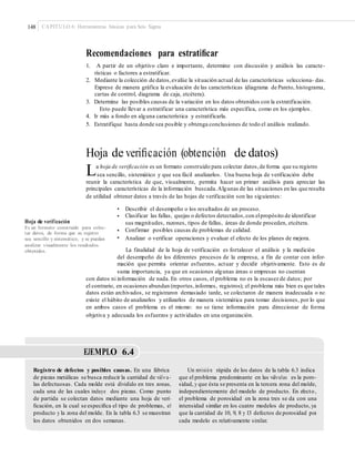 148 CAPÍTULO 6: Herramientas básicas para Seis Sigma
Recomendaciones para estratiﬁcar
1. A partir de un objetivo claro e importante, determine con discusión y análisis las caracte-
rísticas o factores a estratificar.
2. Mediante la colección de datos,evalúe la situación actual de las características selecciona- das.
Exprese de manera gráfica la evaluación de las características (diagrama de Pareto, histograma,
cartas de control, diagrama de caja, etcétera).
3. Determine las posibles causas de la variación en los datos obtenidos con la estratificación.
Esto puede llevar a estratificar una característica más específica, como en los ejemplos.
4. Ir más a fondo en alguna característica y estratificarla.
5. Estratifique hasta donde sea posible y obtenga conclusiones de todo el análisis realizado.
Hoja de veriﬁcación (obtención de datos)
La hoja de verificación es un formato construido para colectar datos,de forma que su registro
sea sencillo, sistemático y que sea fácil analizarlos. Una buena hoja de verificación debe
reunir la característica de que, visualmente, permita hacer un primer análisis para apreciar las
principales características de la información buscada.Algunas de las situaciones en las que resulta
de utilidad obtener datos a través de las hojas de verificación son las siguientes:
•
•
Describir el desempeño o los resultados de un proceso.
Clasificar las fallas, quejas o defectos detectados,con elpropósito de identificar
sus magnitudes, razones, tipos de fallas, áreas de donde proceden, etcétera.
Confirmar posibles causas de problemas de calidad.
Analizar o verificar operaciones y evaluar el efecto de los planes de mejora.
Hoja de verificación
Es un formato construido para colec-
tar datos, de forma que su registro
sea sencillo y sistemático, y se puedan
analizar visualmente los resultados
obtenidos.
•
•
La finalidad de la hoja de verificación es fortalecer el análisis y la medición
del desempeño de los diferentes procesos de la empresa, a fin de contar con infor-
mación que permita orientar esfuerzos, actuar y decidir objetivamente. Esto es de
suma importancia, ya que en ocasiones algunas áreas o empresas no cuentan
con datos ni información de nada. En otros casos, el problema no es la escasez de datos; por
el contrario, en ocasiones abundan (reportes,informes, registros); el problema más bien es que tales
datos están archivados, se registraron demasiado tarde, se colectaron de manera inadecuada o no
existe el hábito de analizarlos y utilizarlos de manera sistemática para tomar decisiones, por lo que
en ambos casos el problema es el mismo: no se tiene información para direccionar de forma
objetiva y adecuada los esfuerzos y actividades en una organización.
EJEMPLO 6.4
Registro de defectos y posibles causas. En una fábrica
de piezas metálicas se busca reducir la cantidad de válvu-
las defectuosas. Cada molde está dividido en tres zonas,
cada una de las cuales incluye dos piezas. Como punto
de partida se colectan datos mediante una hoja de veri-
ﬁcación, en la cual se especiﬁca el tipo de problemas, el
producto y la zona del molde. En la tabla 6.3 se muestran
los datos obtenidos en dos semanas.
Un revisión rápida de los datos de la tabla 6.3 indica
que el problema predominante en las válvulas es la poro-
sidad, y que ésta se presenta en la tercera zona del molde,
independientemente del modelo de producto. En efecto,
el problema de porosidad en la zona tres se da con una
intensidad similar en los cuatro modelos de producto, ya
que la cantidad de 10, 9, 8 y 13 defectos de porosidad por
cada modelo es relativamente similar.
 
