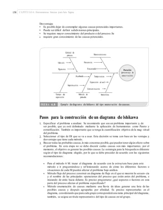 158 CAPÍTULO 6: Herramientas básicas para Seis Sigma
Desventajas
•
•
•
•
Es posible dejar de contemplar algunas causas potenciales importantes.
Puede ser difícil definir subdivisiones principales.
Se requiere mayor conocimiento del producto o del proceso.Se
requiere gran conocimiento de las causas potenciales.
Calidad de
pintura Mantenimiento
Frecuen ciaVehículo
EnceradoPigmento Duración
(porcen taje de
conservación)Acabado Temperatura
Exposición al sol
Imprimació n
Contamin ación
Tiempo de
exposición
Méto do de
pintado
Atmósfera
Pasos para la construcción de un diagrama de Ishikawa
1. Especificar el problema a analizar. Se recomienda que sea un problema importante y, de
ser posible, que ya esté delimitado mediante la aplicación de herramientas como Pareto y
estratificación. También es importante que se tenga la cuantificación objetiva de la mag- nitud
del problema.
Seleccionar el tipo de DI que se va a usar. Esta decisión se toma con base en las ventajas y
desventajas que tiene cada método.
Buscar todas las probables causas,lo más concretas posible,que pueden tener algún efecto sobre
el problema. En esta etapa no se debe discutir cuáles causas son más importantes; por el
momento, el objetivo es generar las posibles causas.La estrategia para la búsqueda es diferente
según el tipo de diagrama elegido, por lo que se debe proceder de acuerdo con las siguientes
recomendaciones:
2.
3.
• Para el método 6 M: trazar el diagrama de acuerdo con la estructura base para este
método e ir preguntándose y ref lexionando acerca de cómo los diferentes factores o
situaciones de cada M pueden afectar el problema bajo análisis.
Método flujo del proceso: construir un diagrama de flujo en el que se muestre la secuen- cia
y el nombre de las principales operaciones del proceso que están antes del problema, e
iniciando de atrás hacia delante. Es preciso preguntarse: ¿qué aspectos o factores en esta
parte del proceso afectan al problema especificado?
Método enumeración de causas: mediante una lluvia de ideas generar una lista de las
posibles causas y después agruparlas por afinidad. Es preciso representarlas en el
diagrama, considerando que para cada grupo corresponderá una rama principal del diagrama;
también, se asigna un título representativo del tipo de causas en tal grupo.
•
•
FIGURA 6.8 Ejemplo de diagrama de Ishikawa del tipo enumeración de causas.
 