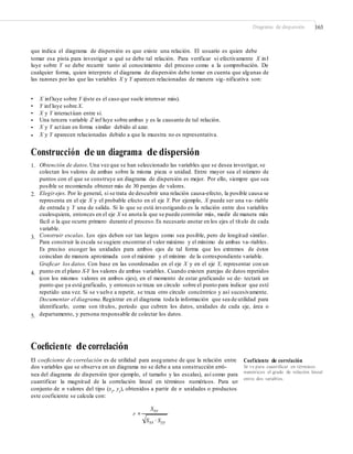 Diagrama de dispersión 163
que indica el diagrama de dispersión es que existe una relación. El usuario es quien debe
tomar esa pista para investigar a qué se debe tal relación. Para verificar si efectivamente X inf
luye sobre Y se debe recurrir tanto al conocimiento del proceso como a la comprobación. De
cualquier forma, quien interprete el diagrama de dispersión debe tomar en cuenta que algunas de
las razones por las que las variables X y Y aparecen relacionadas de manera sig- nificativa son:
•
•
•
•
•
•
X influye sobre Y (éste es el caso que suele interesar más).
Y inf luye sobre X.
X y Y interactúan entre sí.
Una tercera variable Z inf luye sobre ambas y es la causante de tal relación.
X y Y actúan en forma similar debido al azar.
X y Y aparecen relacionadas debido a que la muestra no es representativa.
Construcción de un diagrama de dispersión
1. Obtención de datos. Una vez que se han seleccionado las variables que se desea investigar, se
colectan los valores de ambas sobre la misma pieza o unidad. Entre mayor sea el número de
puntos con el que se construye un diagrama de dispersión es mejor. Por ello, siempre que sea
posible se recomienda obtener más de 30 parejas de valores.
Elegir ejes. Por lo general, si se trata de descubrir una relación causa-efecto, la posible causa se
representa en el eje X y el probable efecto en el eje Y. Por ejemplo, X puede ser una va- riable
de entrada y Y una de salida. Si lo que se está investigando es la relación entre dos variables
cualesquiera, entonces en el eje X se anota la que se puede controlar más, medir de manera más
fácil o la que ocurre primero durante el proceso.Es necesario anotar en los ejes el título de cada
variable.
Construir escalas. Los ejes deben ser tan largos como sea posible, pero de longitud similar.
Para construir la escala se sugiere encontrar el valor máximo y el mínimo de ambas va-riables.
Es preciso escoger las unidades para ambos ejes de tal forma que los extremos de éstos
coincidan de manera aproximada con el máximo y el mínimo de la correspondiente variable.
Graficar los datos. Con base en las coordenadas en el eje X y en el eje Y, representar con un
punto en el plano X-Y los valores de ambas variables. Cuando existen parejas de datos repetidos
(con los mismos valores en ambos ejes), en el momento de estar graficando se de- tectará un
punto que ya está graficado, y entonces se traza un círculo sobre el punto para indicar que está
repetido una vez. Si se vuelve a repetir, se traza otro círculo concéntrico y así sucesivamente.
Documentar el diagrama.Registrar en el diagrama toda la información que sea de utilidad para
identificarlo, como son títulos, periodo que cubren los datos, unidades de cada eje, área o
departamento, y persona responsable de colectar los datos.
2.
3.
4.
5.
Coeﬁciente de correlación
El coeficiente de correlación es de utilidad para asegurarse de que la relación entre Coeficiente de correlación
dos variables que se observa en un diagrama no se debe a una construcción erró-
nea del diagrama de dispersión (por ejemplo, el tamaño y las escalas), así como para
cuantificar la magnitud de la correlación lineal en términos numéricos. Para un
conjunto de n valores del tipo (xi
, yi
), obtenidos a partir de n unidades o productos,
este coeficiente se calcula con:
Sir ve para cuantiﬁcar en términos
numéricos el grado de relación lineal
entre dos variables.
Sxy
r =
Sxx ⋅ Syy
 
